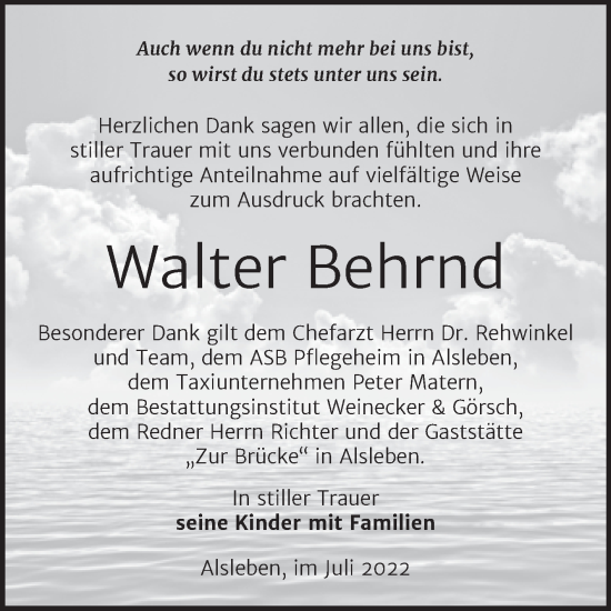 Traueranzeige von Walter Behrnd von Trauerkombi Bernburg