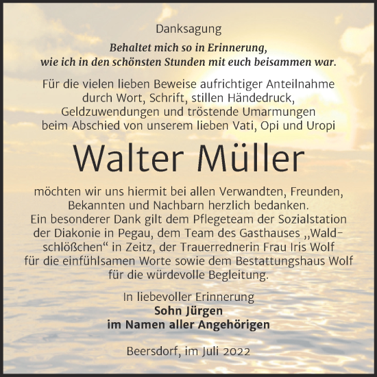 Traueranzeige von Walter Müller von Trauerkombi Zeitz