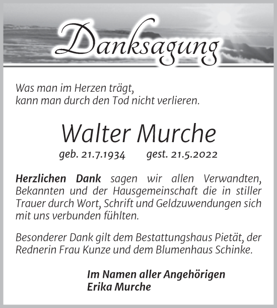 Traueranzeige von Walter Murche von Trauerkombi Wittenberg