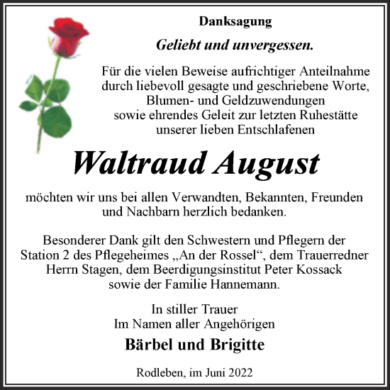 Traueranzeige von Waltraud August von Trauerkombi Dessau