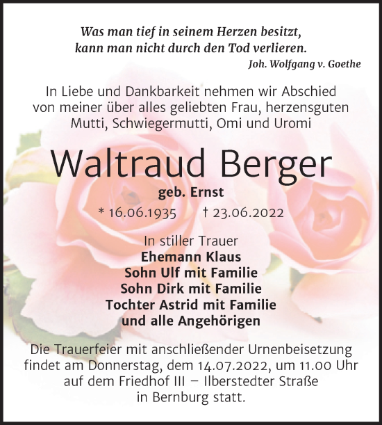 Traueranzeige von Waltraud Berger von Trauerkombi Bernburg