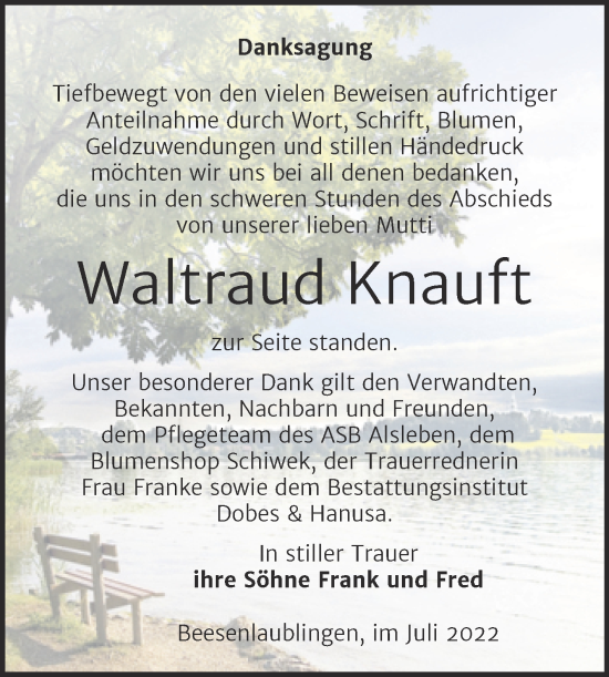 Traueranzeige von Waltraud Knauft von Trauerkombi Bernburg