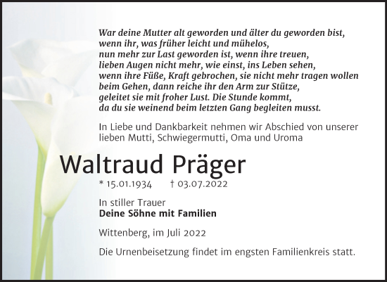 Traueranzeige von Waltraud Präger von Trauerkombi Wittenberg