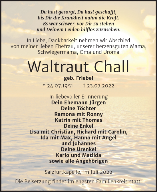 Traueranzeige von Waltraut Chall von Trauerkombi Bitterfeld