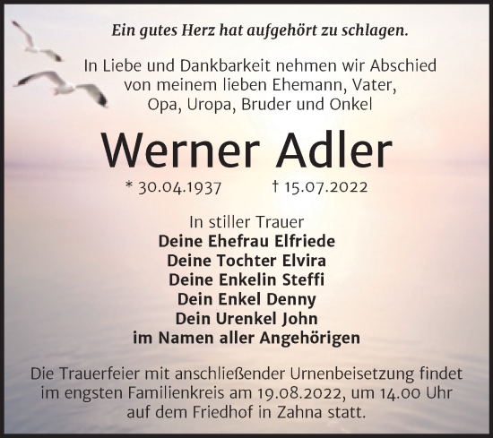 Traueranzeige von Werner Adler von Trauerkombi Wittenberg