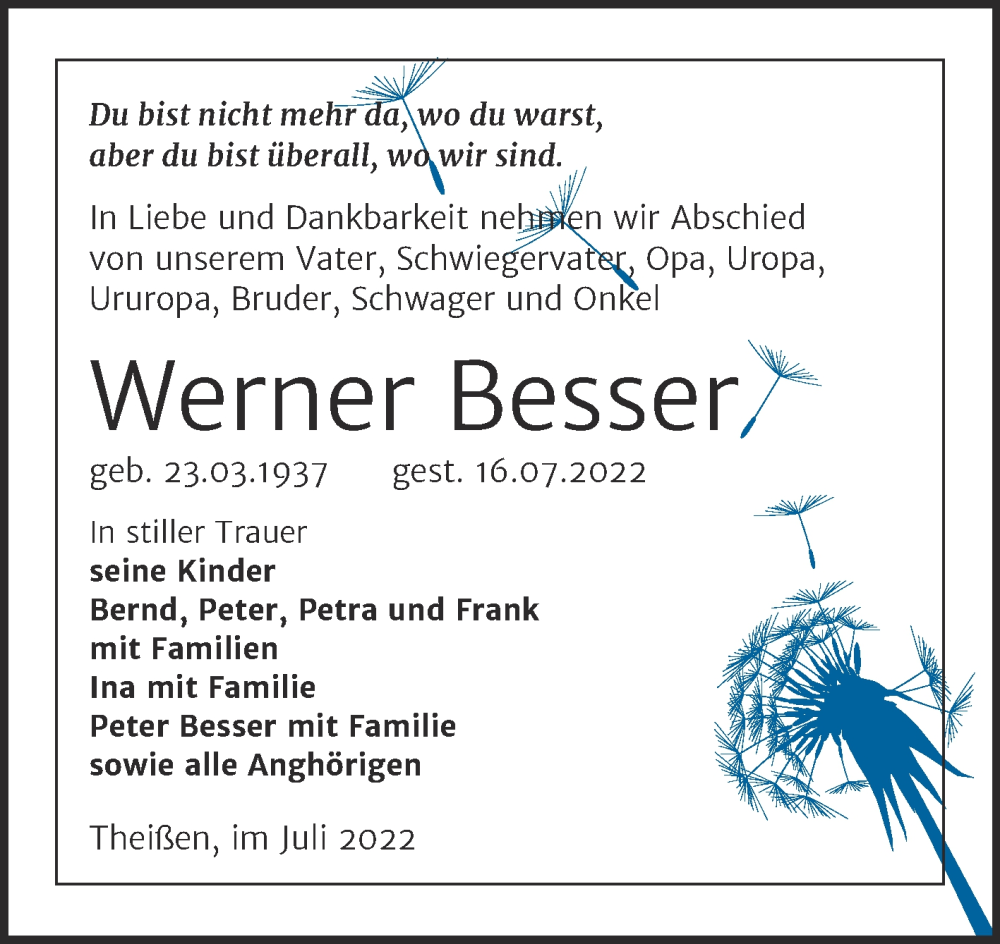  Traueranzeige für Werner Besser vom 23.07.2022 aus Trauerkombi Zeitz
