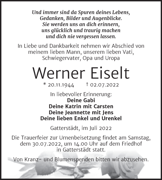 Traueranzeige von Werner Eiselt von Trauerkombi Merseburg