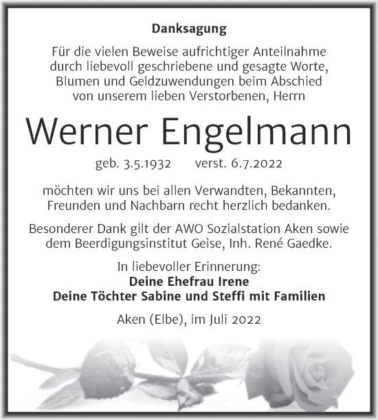 Traueranzeige von Werner Engelmann von Trauerkombi Köthen