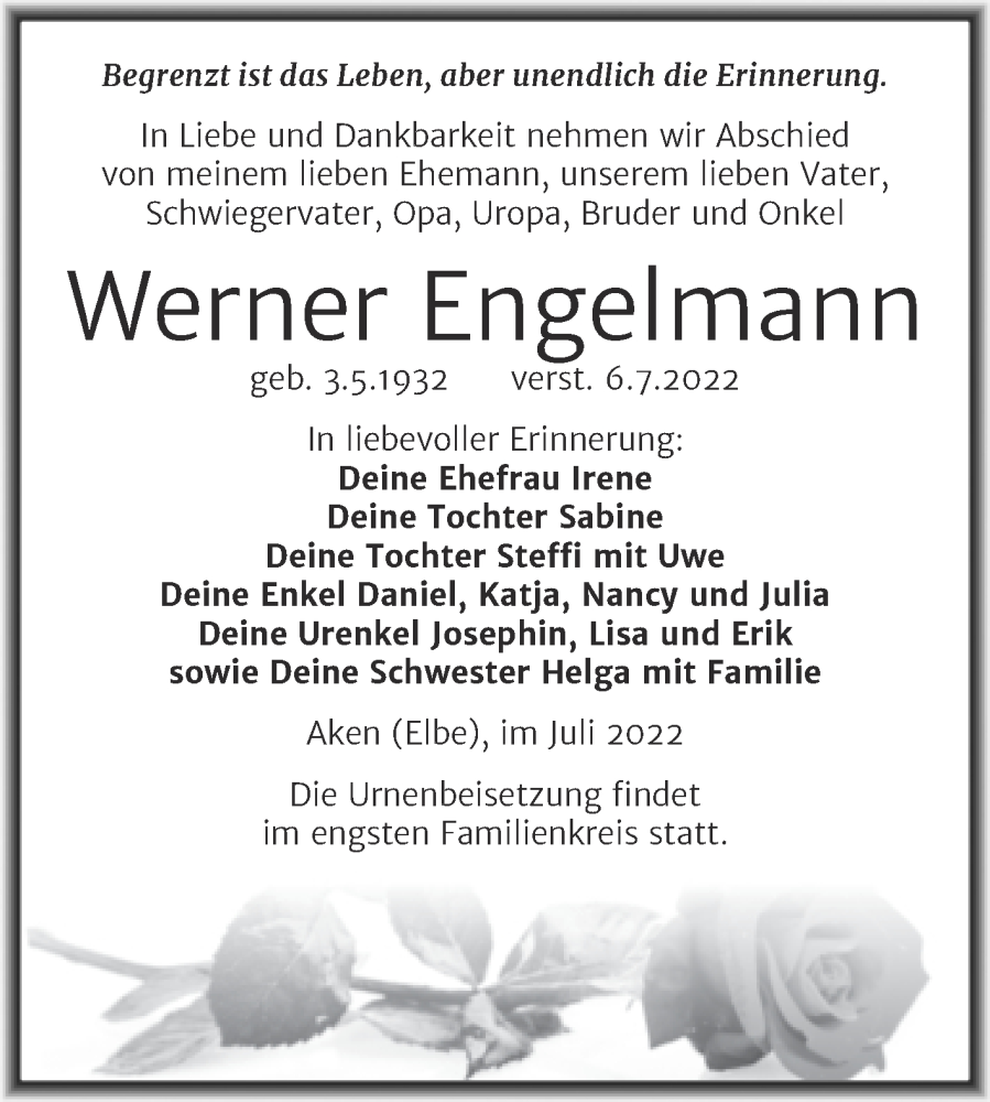  Traueranzeige für Werner Engelmann vom 09.07.2022 aus Trauerkombi Köthen