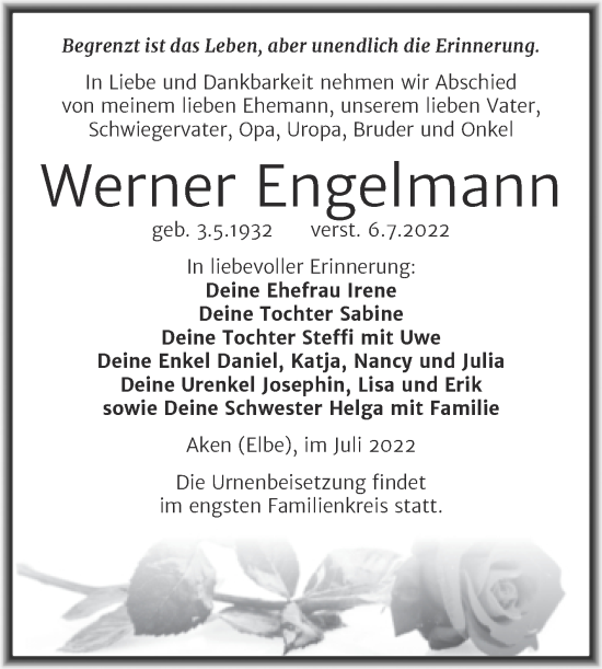 Traueranzeige von Werner Engelmann von Trauerkombi Köthen