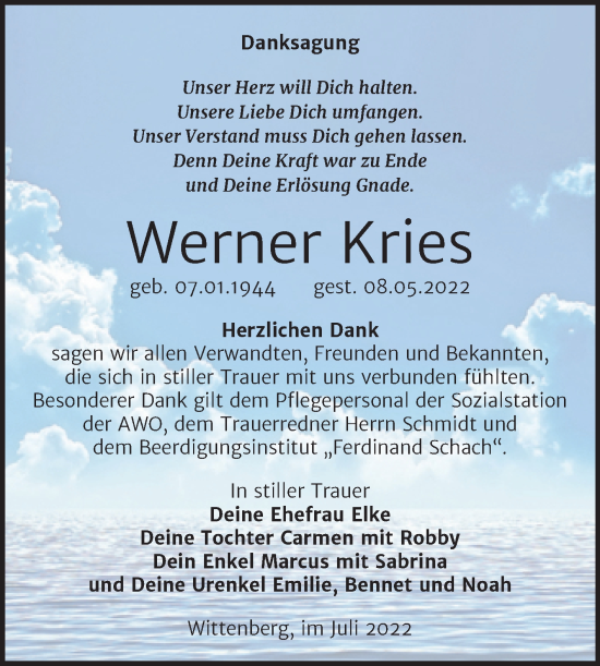 Traueranzeige von Werner Kries von Trauerkombi Wittenberg