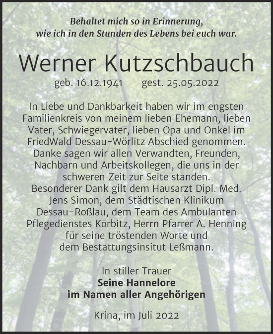 Traueranzeige von Werner Kutzschbauch von Trauerkombi Bitterfeld