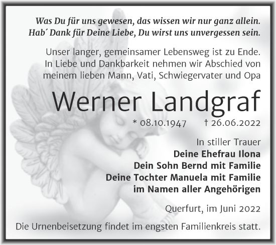 Traueranzeige von Werner Landgraf von Trauerkombi Merseburg