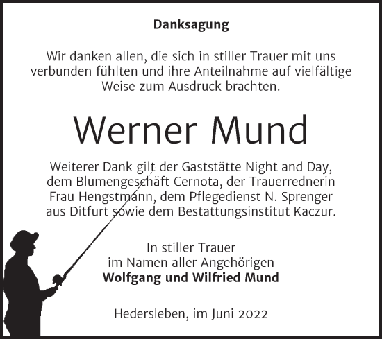 Traueranzeige von Werner Mund von Trauerkombi Quedlinburg