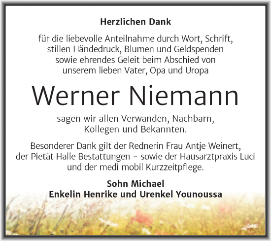 Traueranzeige von Werner Niemann von Mitteldeutsche Zeitung Halle/Saalkreis