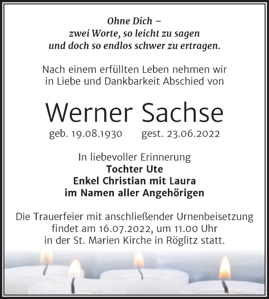 Traueranzeige von Werner Sachse von Trauerkombi Merseburg