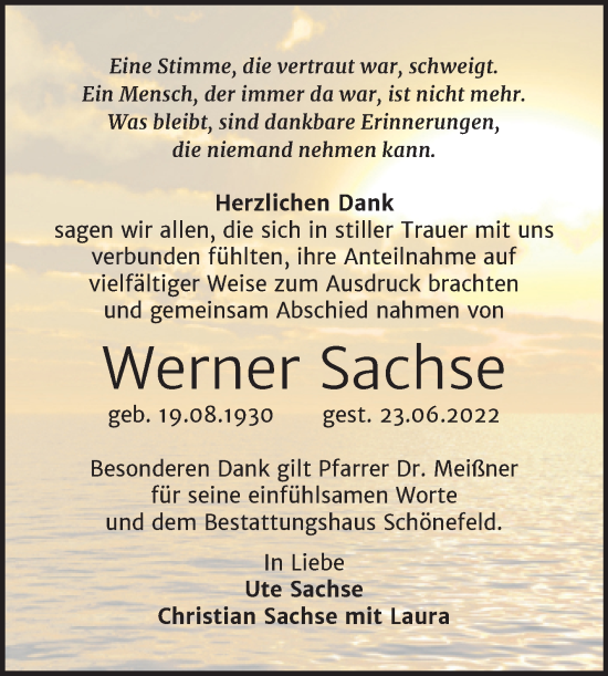 Traueranzeige von Werner Sachse von Trauerkombi Merseburg