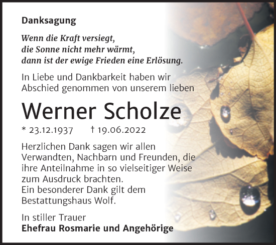 Traueranzeige von Werner Scholze von Trauerkombi Weißenfels