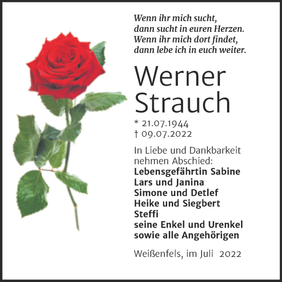 Traueranzeige von Werner Strauch von Trauerkombi Weißenfels
