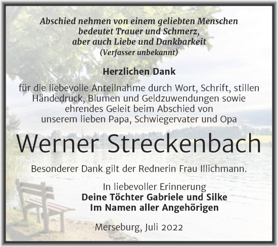 Traueranzeige von Werner Streckenbach von Trauerkombi Merseburg