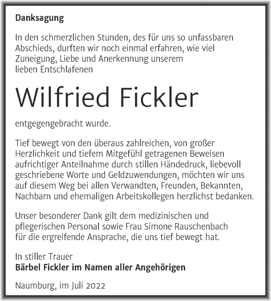 Traueranzeige von Wilfried Fickler von Naumburger Tageblatt