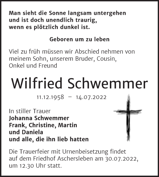 Traueranzeige von Wilfried Schwemmer von Trauerkombi Aschersleben