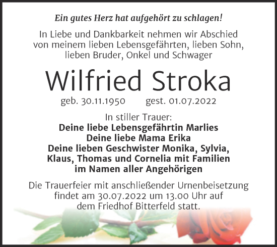 Traueranzeige von Wilfried Stroka von Trauerkombi Bitterfeld