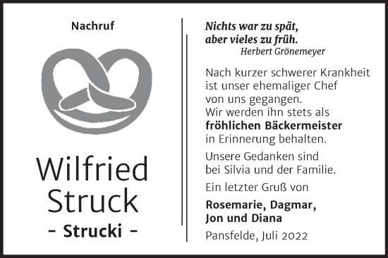 Traueranzeige von Wilfried Struck von Trauerkombi Quedlinburg