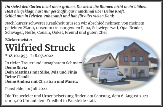 Traueranzeige von Wilfried Struck von Trauerkombi Aschersleben