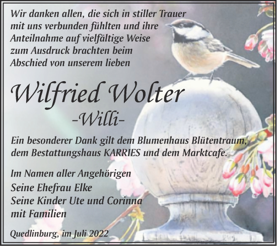 Traueranzeige von Wilfried Wolter von Trauerkombi Quedlinburg