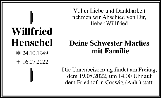 Traueranzeige von Willfried Henschel von Trauerkombi Wittenberg