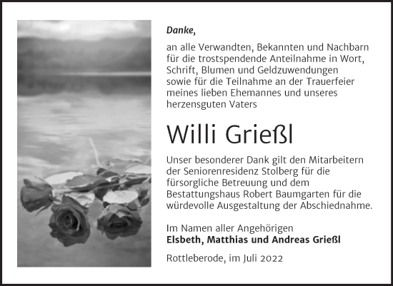 Traueranzeige von Willi Grießl von Trauerkombi Sangerhausen