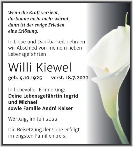 Traueranzeige von Willi Kiewel von Trauerkombi Köthen