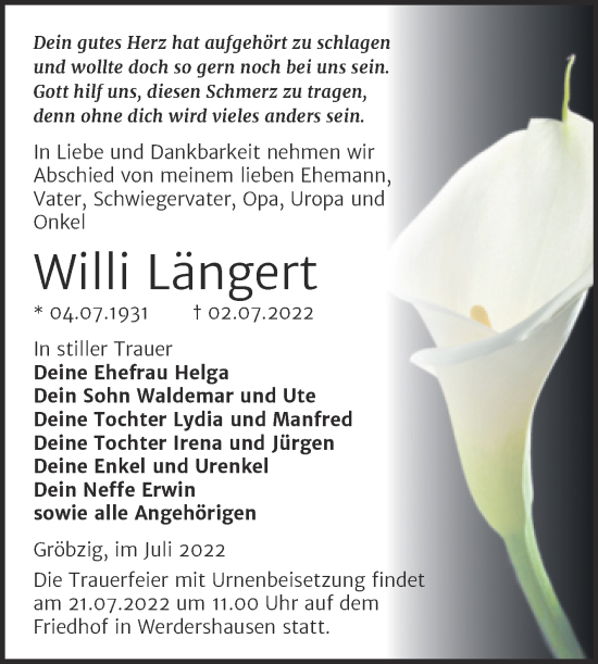 Traueranzeige von Willi Längert von Trauerkombi Köthen