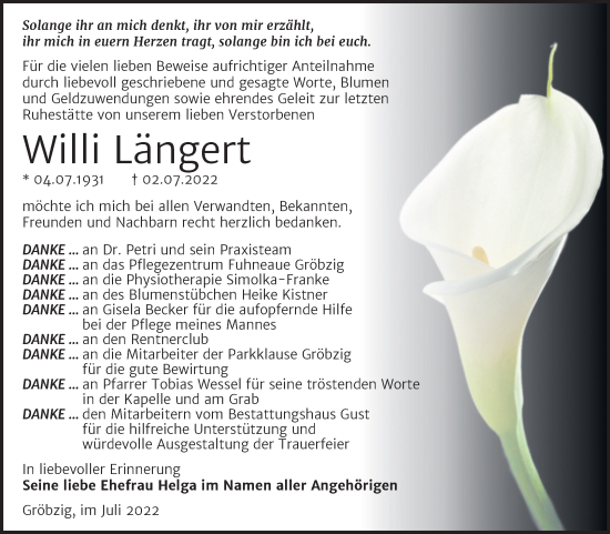 Traueranzeige von Willi Längert von Trauerkombi Köthen