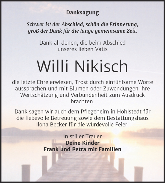 Traueranzeige von Willi Nikisch von Trauerkombi Sangerhausen