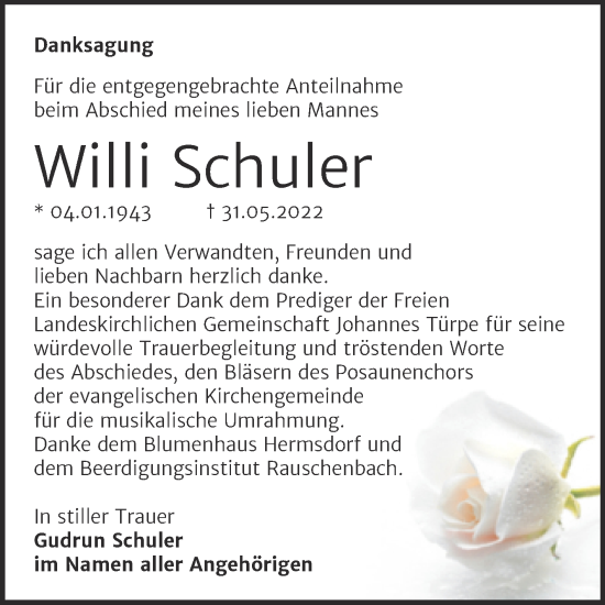 Traueranzeige von Willi Schuler von Wochenspiegel Naumburg/Nebra
