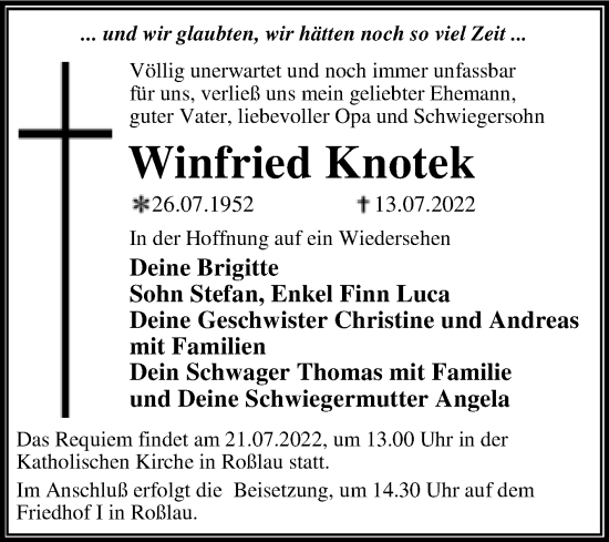 Traueranzeige von Winfried Knotek von Trauerkombi Dessau