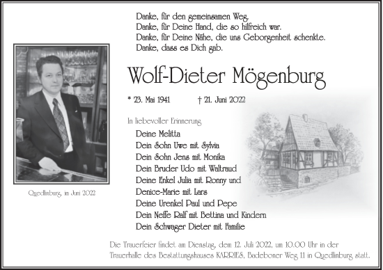 Traueranzeige von Wolf-Dieter Mögenburg von Trauerkombi Quedlinburg