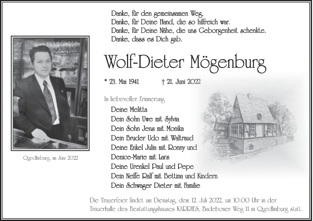  Traueranzeige für Wolf-Dieter Mögenburg vom 02.07.2022 aus Trauerkombi Quedlinburg