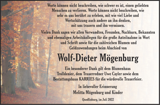 Traueranzeige von Wolf-Dieter Mögenburg von Trauerkombi Quedlinburg
