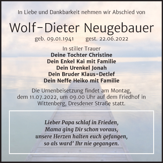 Traueranzeige von Wolf-Dieter Neugebauer von Trauerkombi Wittenberg