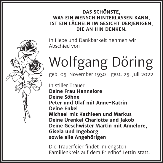 Traueranzeige von Wolfgang Döring von Mitteldeutsche Zeitung Halle/Saalkreis