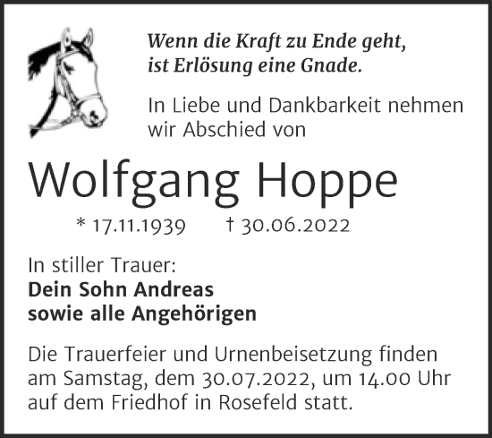 Traueranzeige von Wolfgang Hoppe von Trauerkombi Köthen