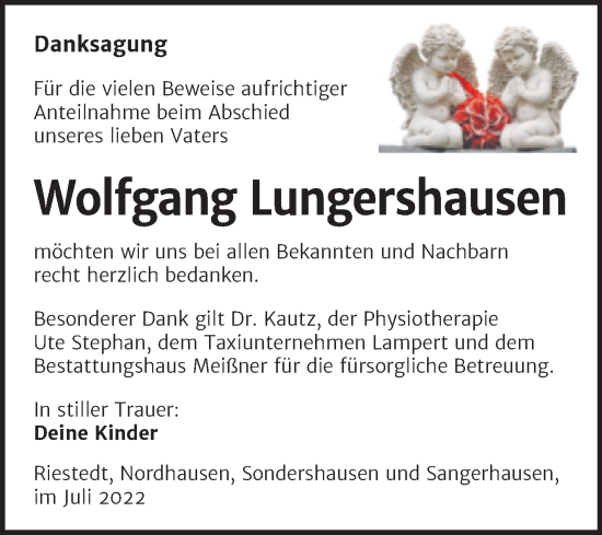 Traueranzeige von Wolfgang Lungershausen von Trauerkombi Sangerhausen