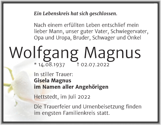Traueranzeige von Wolfgang Magnus von Trauerkombi Mansfelder Land