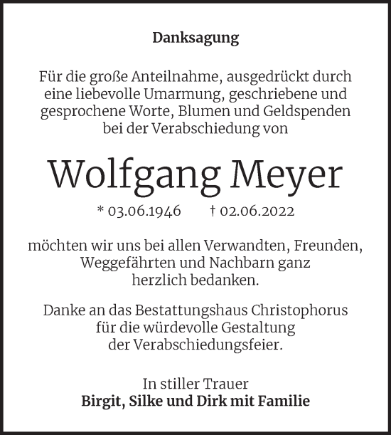 Traueranzeige von Wolfgang Meyer von Mitteldeutsche Zeitung Halle/Saalkreis