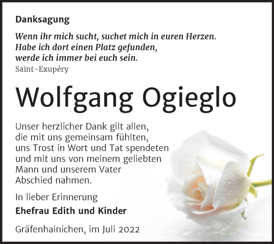 Traueranzeige von Wolfgang Ogieglo von Trauerkombi Wittenberg