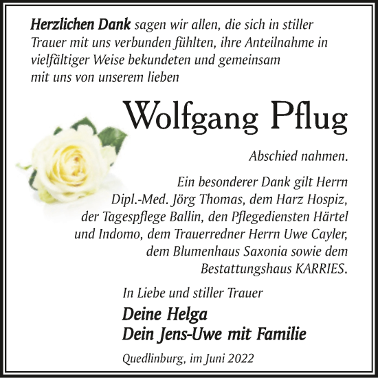 Traueranzeige von Wolfgang Pflug von Trauerkombi Quedlinburg