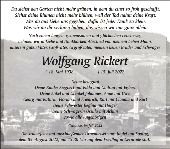 Traueranzeige von Wolfgang Rickert von Trauerkombi Quedlinburg